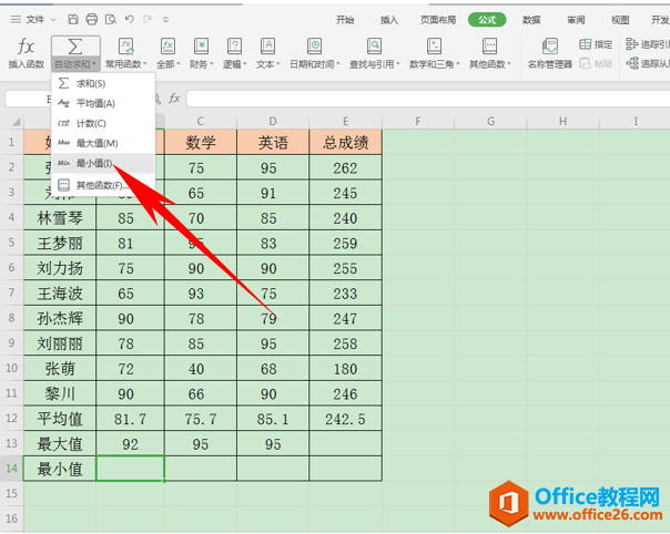 WPS excel求总和、平均值和最大最小值的方法