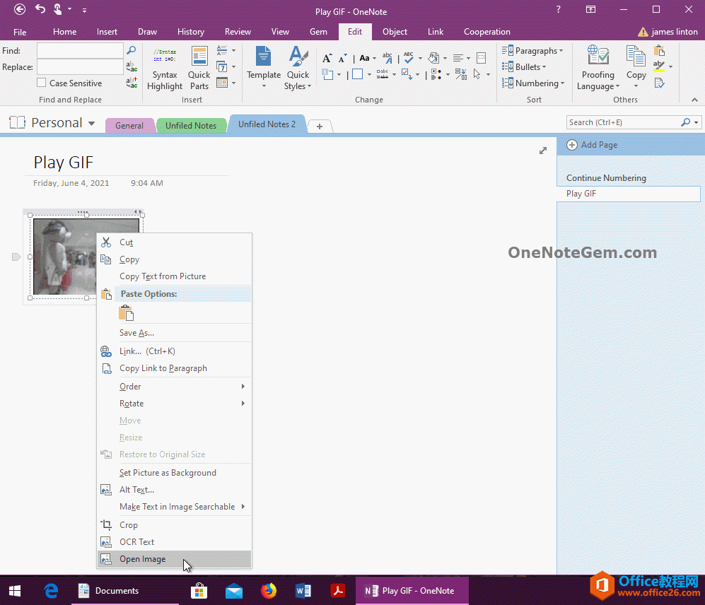 在 OneNote 里选中 GIF 图片，右键菜单中打开图片