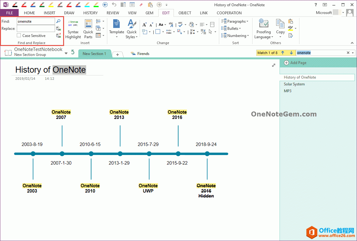 OneNote页面内搜索替换