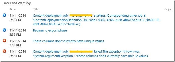 <b>SharePoint  Content Deployment 报错 These columns don't currently have unique values</b>
