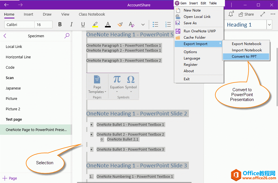 在 OneNote UWP 中选中内容，使用 Gem Menu 转换成 PPT 