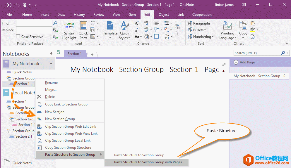 粘贴结构到另外一个 OneNote 分区组（带页面）