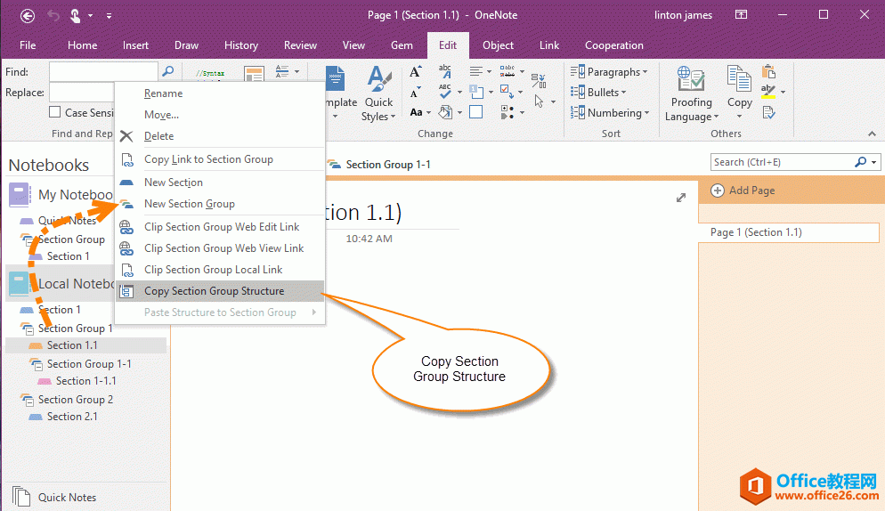 复制一个 OneNote 分区组的结构