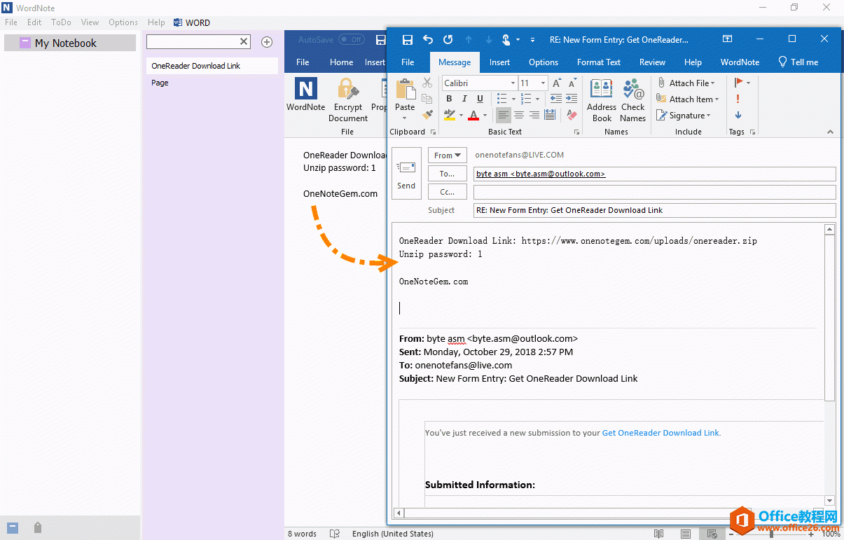Outlook: 会打开一个回复邮件的窗口，WordNote 页面内容出现在回复邮件最上方 