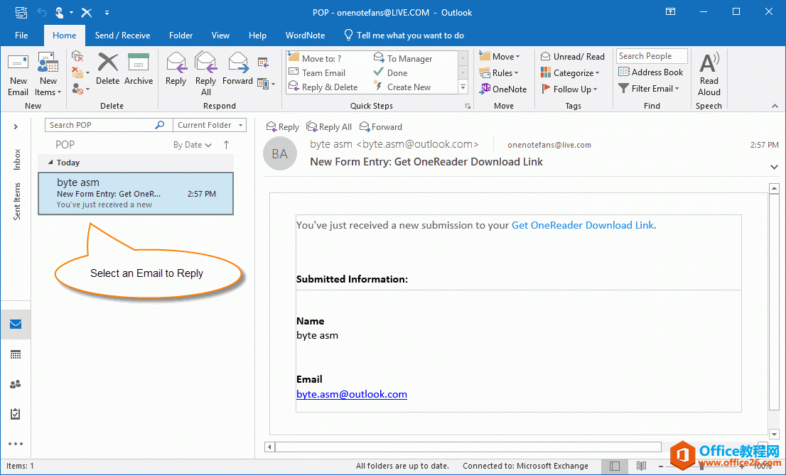 Outlook: 选中一封邮件，准备回复这封邮件 