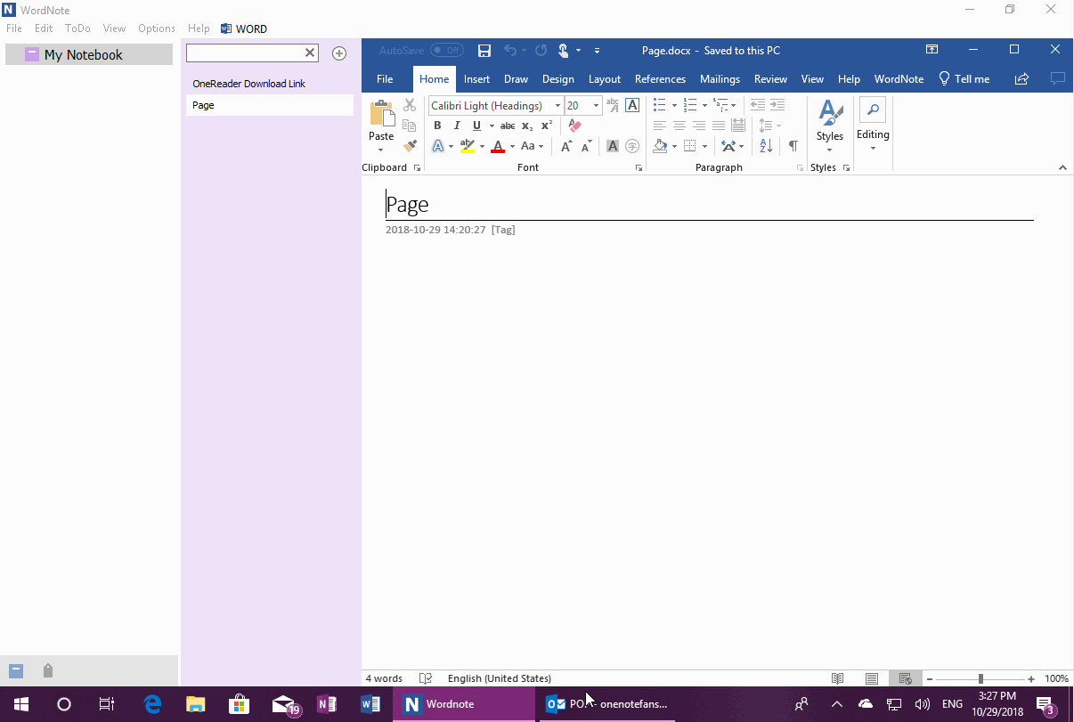使用 WordNote 里的“回复”功能来直接用当前页面来回复 Outlook 的邮件。