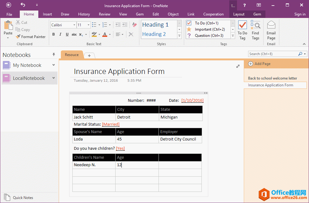 带有内容控件的 OneNote 页面的应用