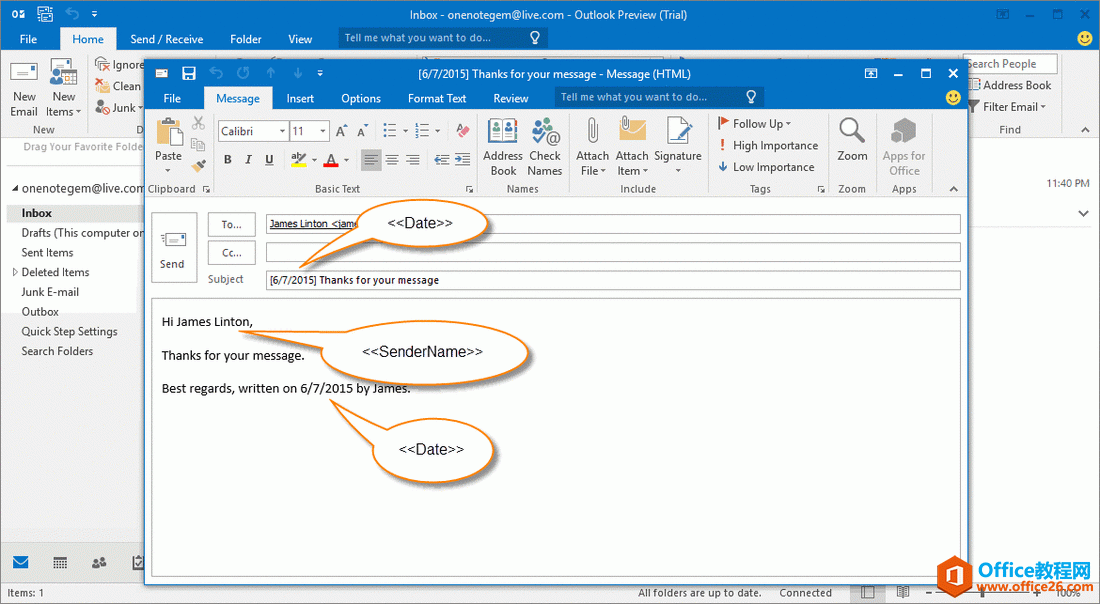 OneNote 模版生成 Outlook 邮件