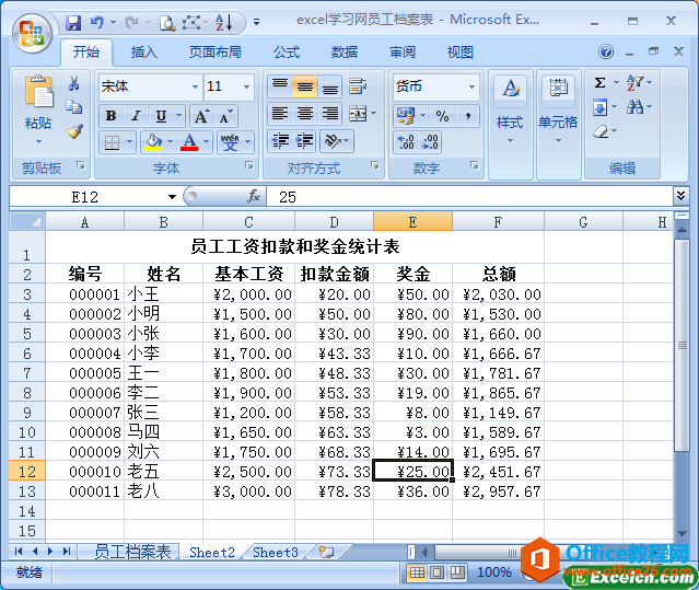 用excel创建员工工资扣款和奖金统计表