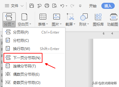 wps office 中如何插入【下一步分页】