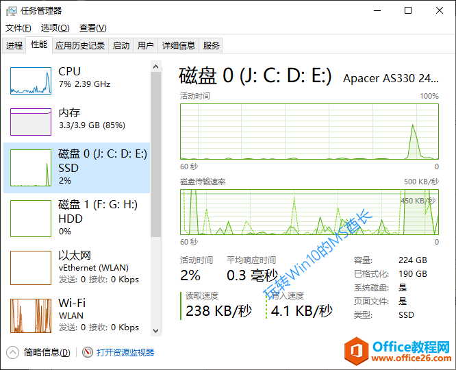 “任务管理器”的“性能”标签页显示磁盘类型是SSD还是HDD