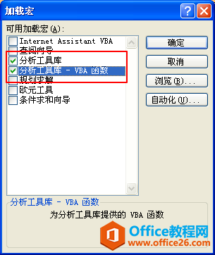 勾选“分析工具库”和“分析工具库 - VBA函数”