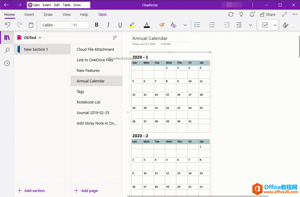 OneNote 页面里的全年日历