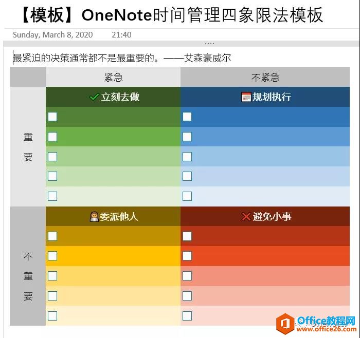 OneNote模板 时间管理四象限法模板 免费下载