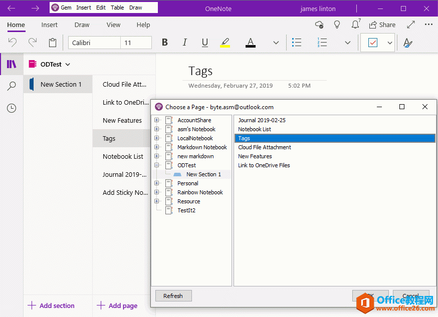 选择标记所在的 OneNote 页面