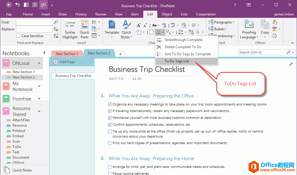 OneNote 里的待办事项列表