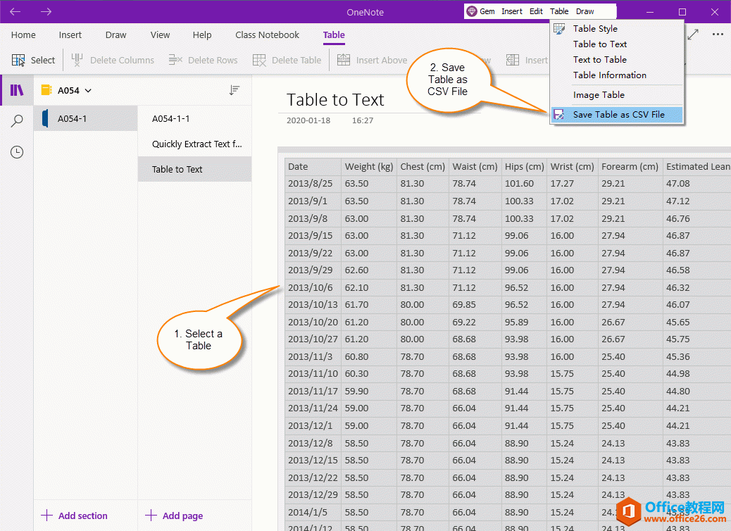 在 OneNote UWP 中选中一个表格