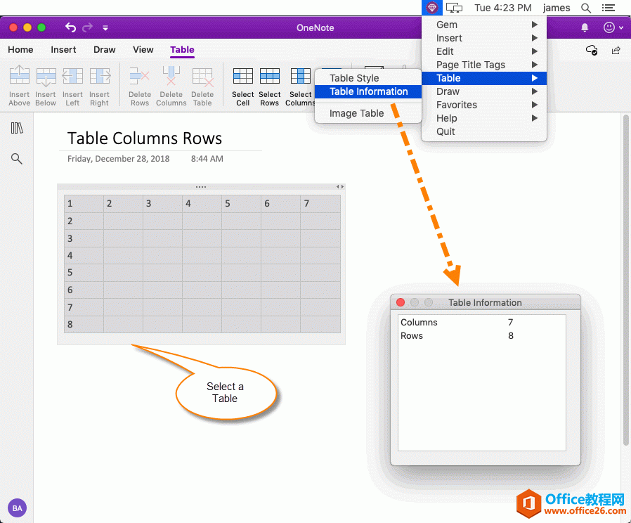 查看 OneNote 选中表格的行数、列数 