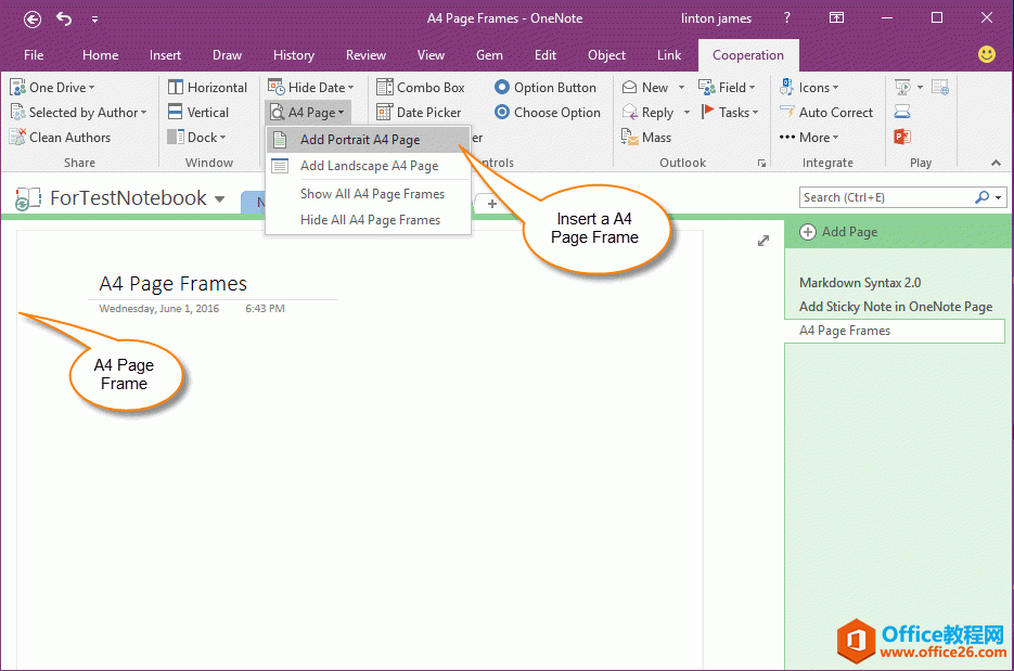 给 OneNote 页面插入 A4 纸张框架