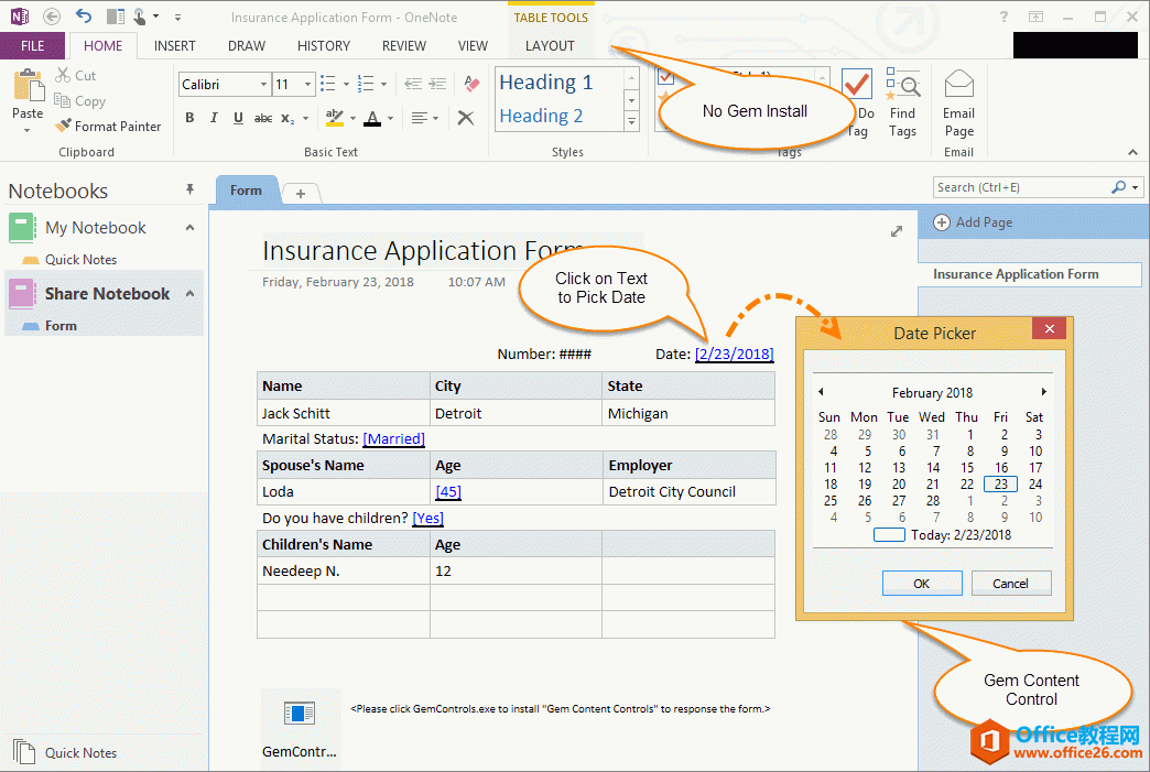 被调查者使用内容控件来填写表单（OneNote 2013）