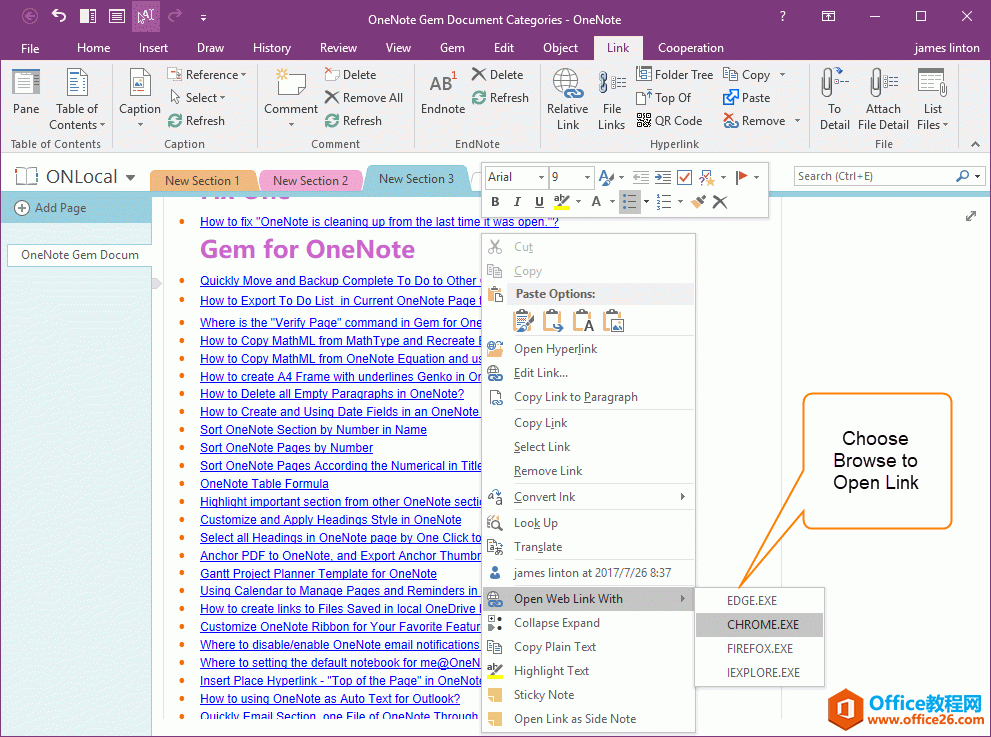 直接在 OneNote 里选用浏览器（Edge, Chrome, Firefox, IE）来打开链接