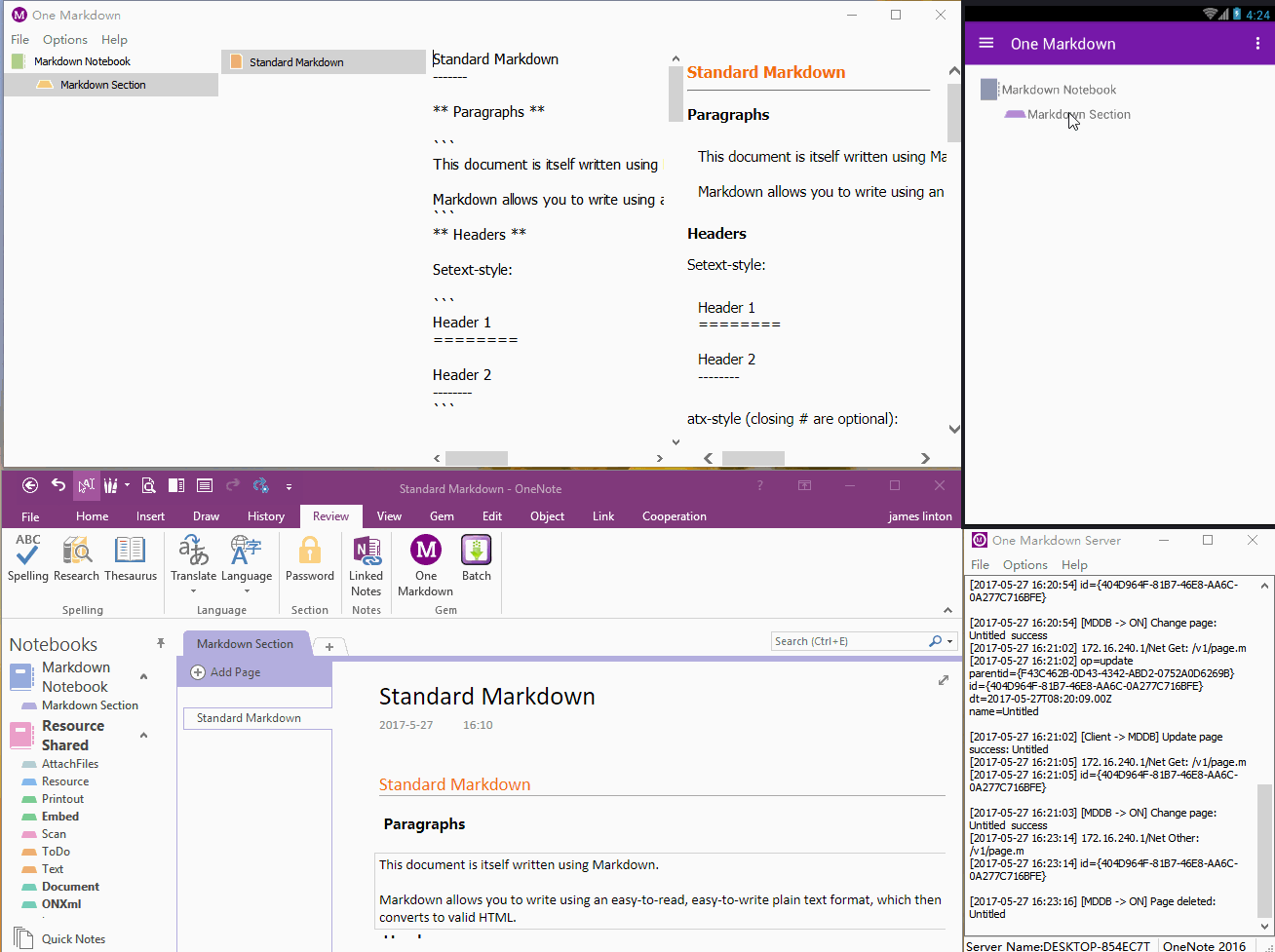 Markdown -> 安卓手机 -> 珍宝一脉服务器 -> OneNote