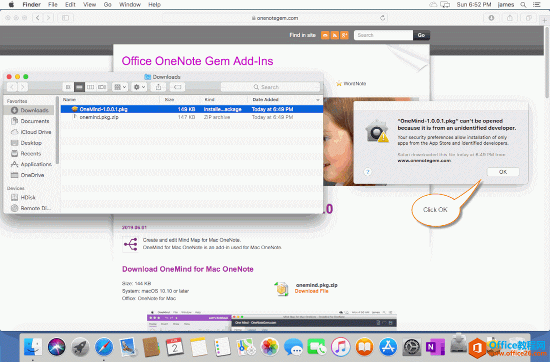 点击 PKG 安装包安装 OneMind for Mac OneNote