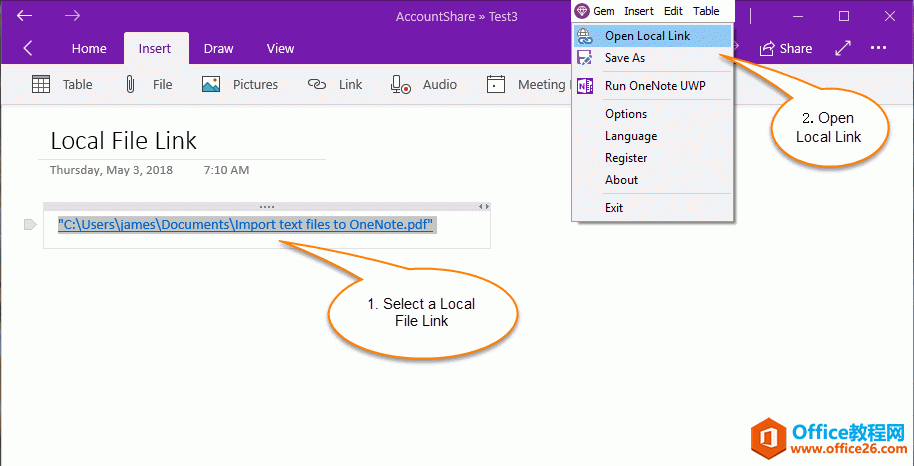 珍宝菜单 Gem Menu for OneNote UWP 提供有“打开本地链接”的功能。用来帮你打开 OneNote UWP 里本地链接。