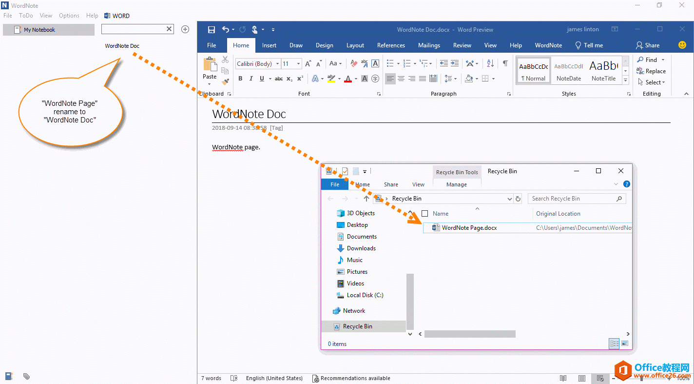 在 WordNote 里对页面进行改名 