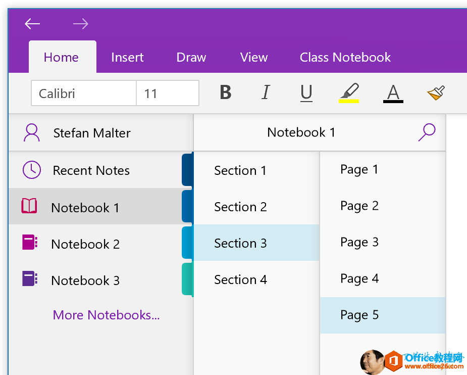 OneNote App for Windows 10 with notebooks and sections 