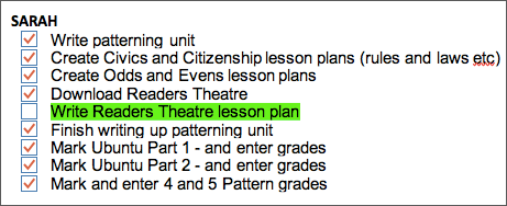 SARAH Write patterning unit Create Civics and Citizenship lesson plans (rules and laws etc) Create Odds and Evens lesson plans Download Readers Theatre Write Readers Theatre lessOhltØlåh Finish writing up patterning unit Mark Ubuntu Part 1 - and enter grades Mark Ubuntu Part 2 - and enter grades Mark and enter 4 and 5 Pattern grades 