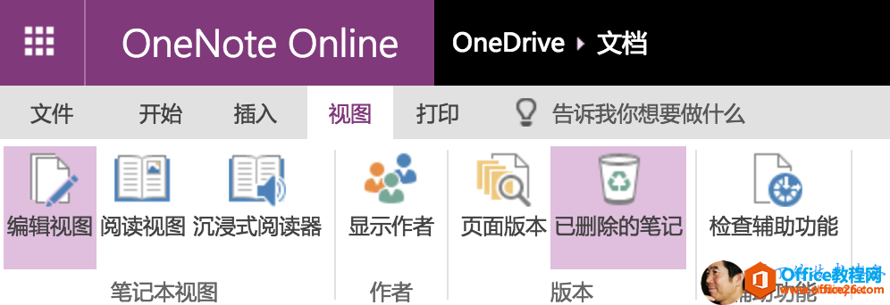 OneNote Online OneDrive 文 档 文 件 开 始 插 入 视 图 打 印 告 诉 我 亻 尔 想 要 做 亻 十 么 0 凵 编 辑 视 图 阅 读 视 图 沉 浸 式 阅 读 器 显 示 作 者 页 面 版 本 已 删 除 的 笔 记 检 查 辅 助 功 能 笔 记 本 视 图 作 者 辅 助 功 能 