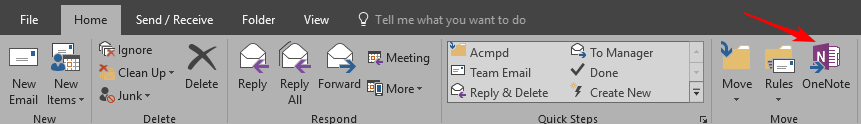 Send ／ Receive nor 已 Clean Up • Delete New New Email 《 t 已 ms • Folder View 0 Tell m e what you wa nt to d 0 Acmpd 0 ． Meeting 匚 〗 Team Email Reply Reply Forward 向 More ． Reply & Delete Respond To Manager Done Create New Move Rules OneNote Move 