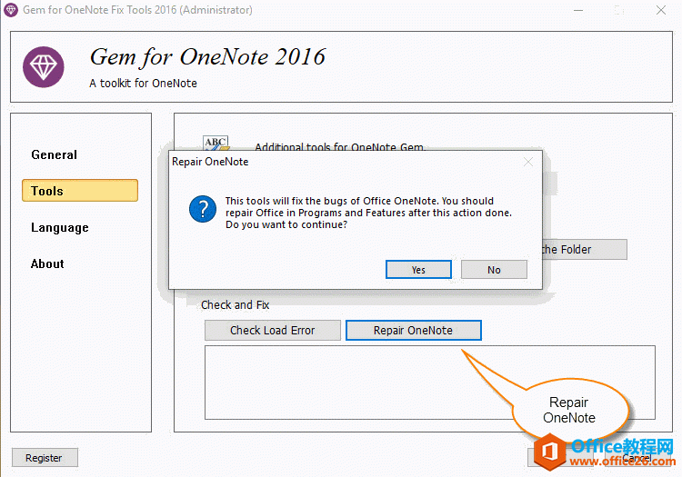 点击 “修复 OneNote” 按钮