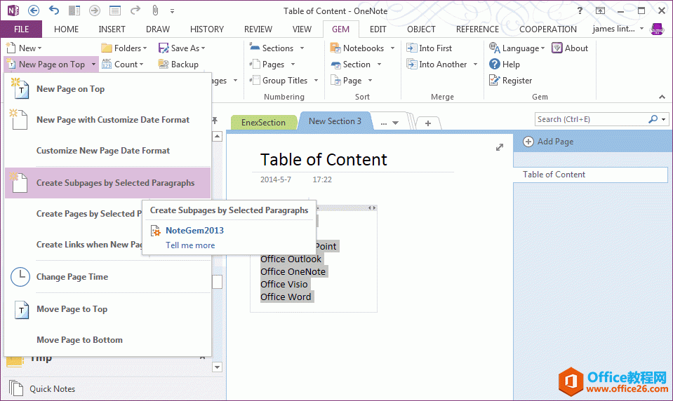 <b>OneNote 中根据如何选中段落创建子页面</b>