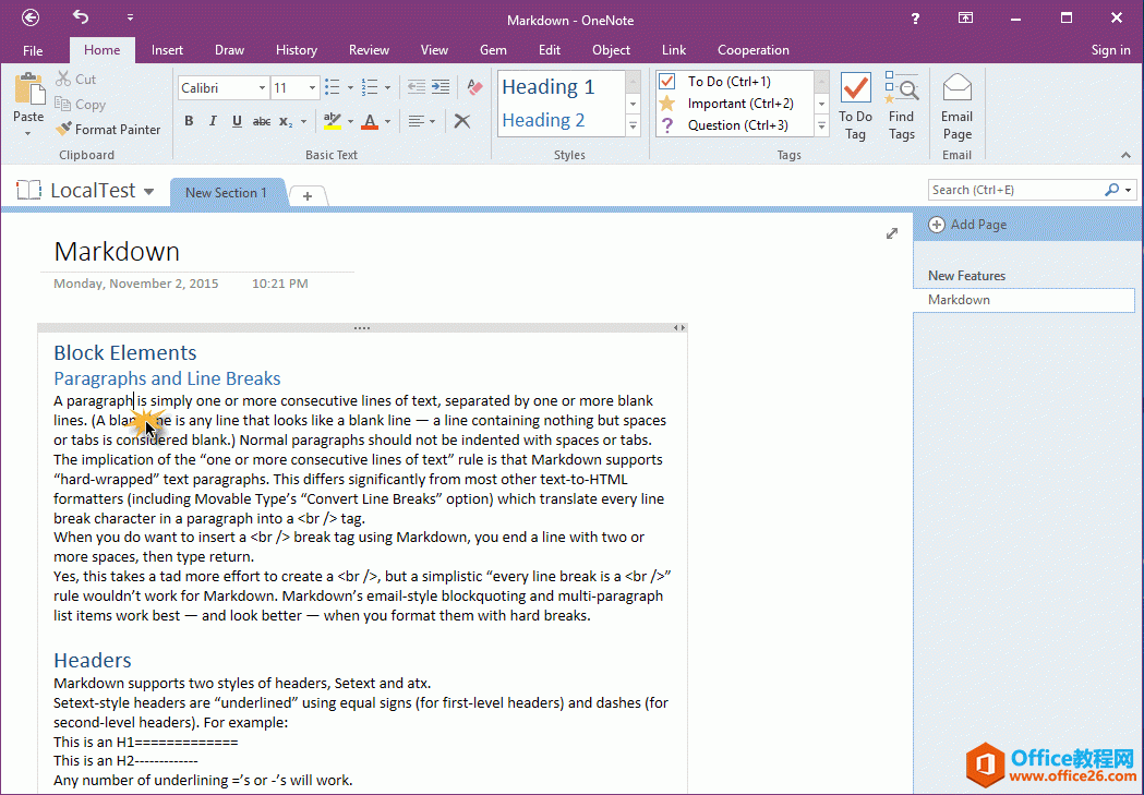 在 OneNote 页面中放置光标