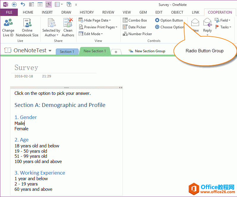 OneNote 单选项按钮和选中单选项功能