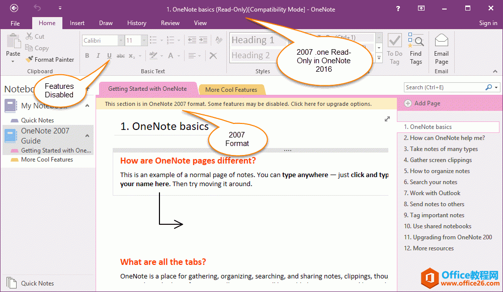 OneNote 2016 以只读方式打开 2007 的笔记本