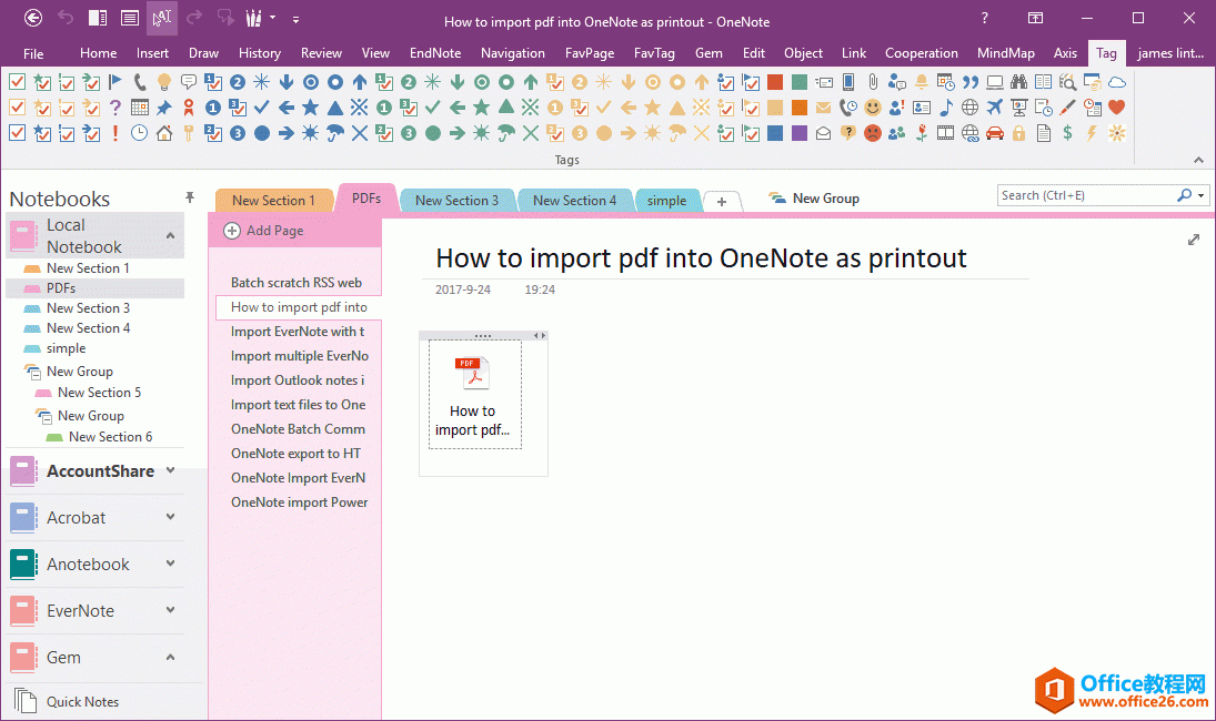 跳转到 OneNote 页面，并打开 PDF 附件