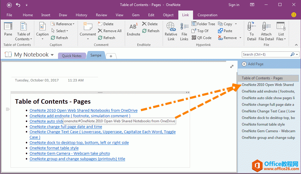 OneNote 目录页 - 罗列分区内的所有页面