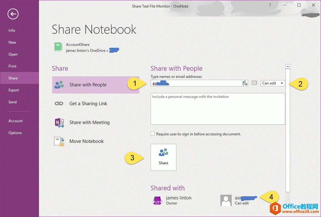 用户 A: 在 OneNote 2016 中共享一个笔记本给用户 B