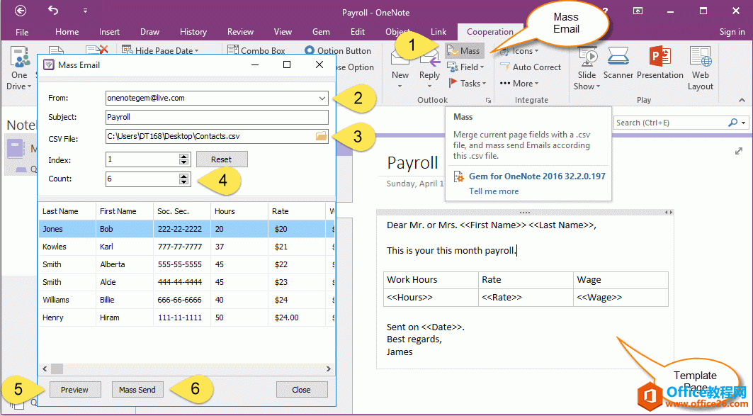 使用 Gem for OneNote 批量合并邮件，并群发出去