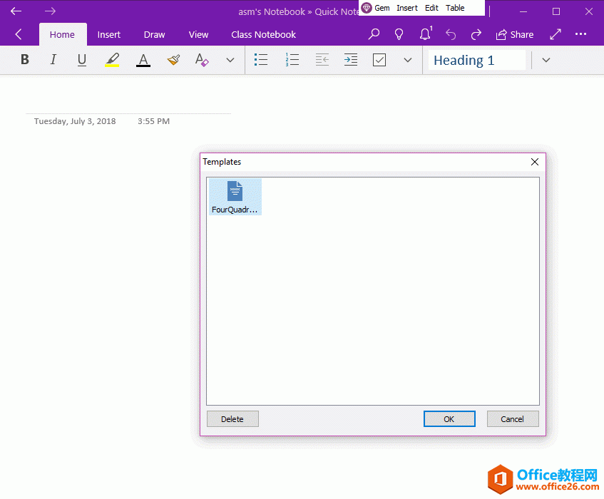 挑选模板，插入模板到 OneNote UWP