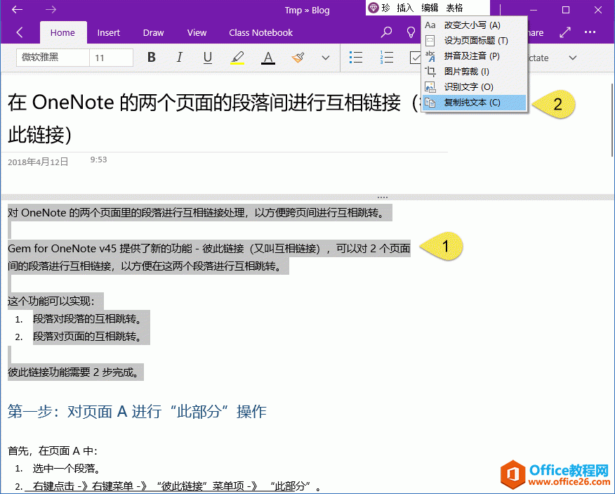 使用珍宝菜单的复制纯文本功能替代 OneNote 的复制功能