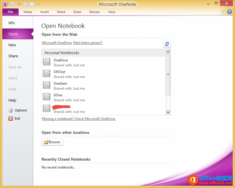 OneNote 2010 选择打开存放在 Onedrive 的记事本