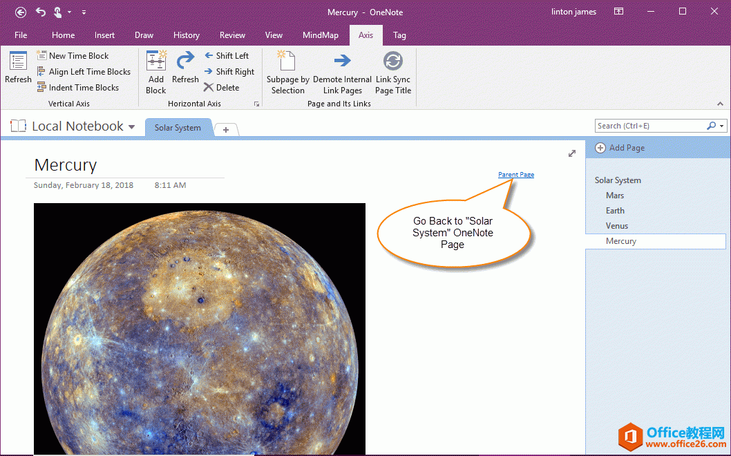 具有回链思维导图页的 OneNote 子页面