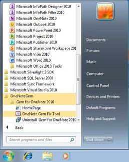 在 Windows 的开始菜单中运行 OneNote Gem Fix Tool 修复工具