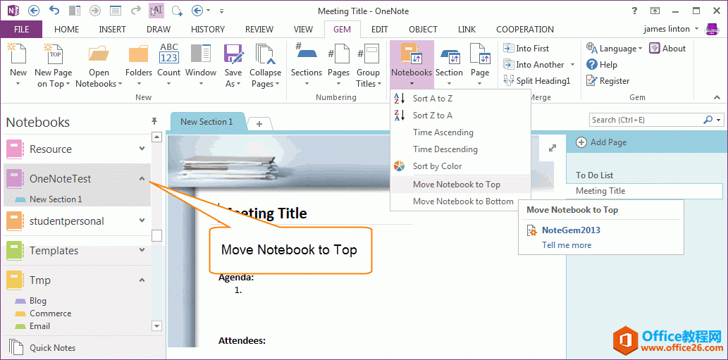 移动 OneNote 笔记本到顶部