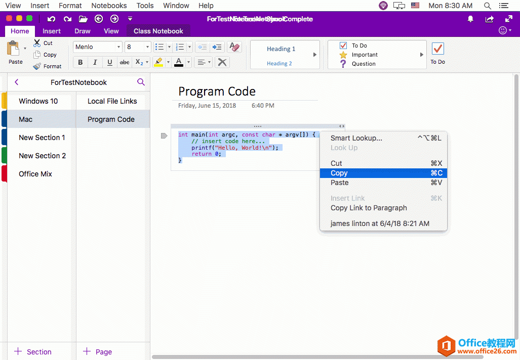 粘贴代码到 OneNote Mac 中