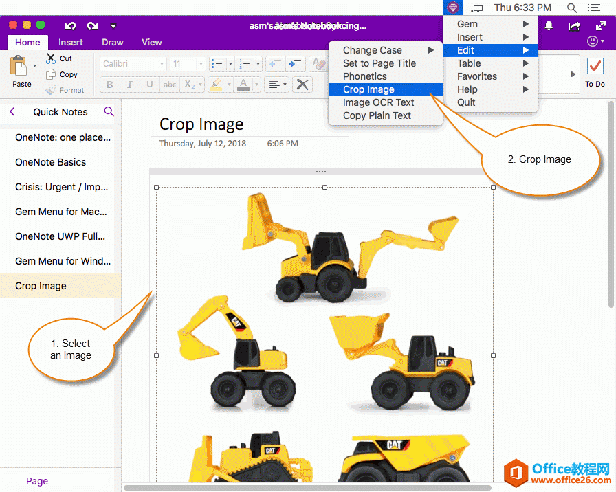 选中 Mac OneNote 中的图片，点击珍宝菜单的剪裁图片功能